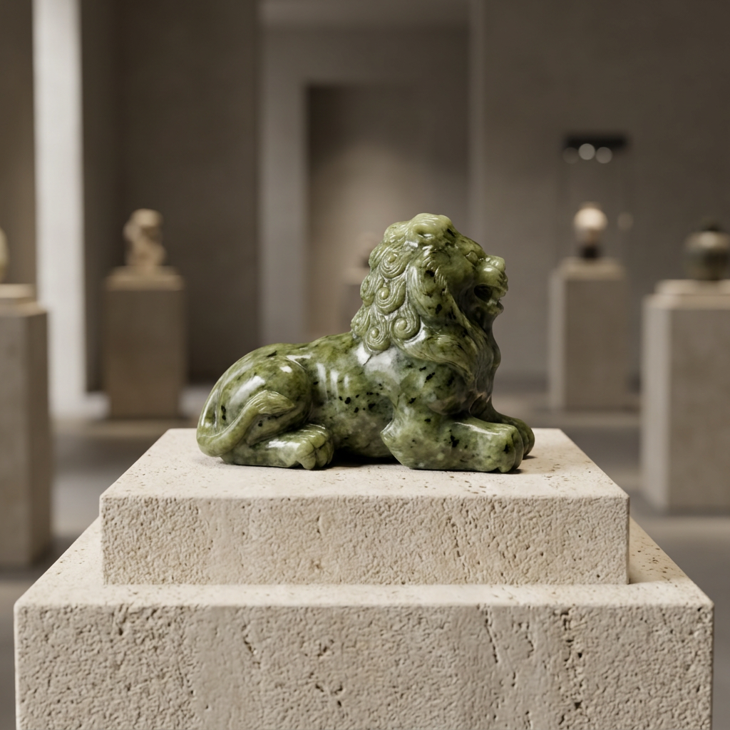 Natural Xiuyan Jade Lion Carving on beige travertine stone pedestal