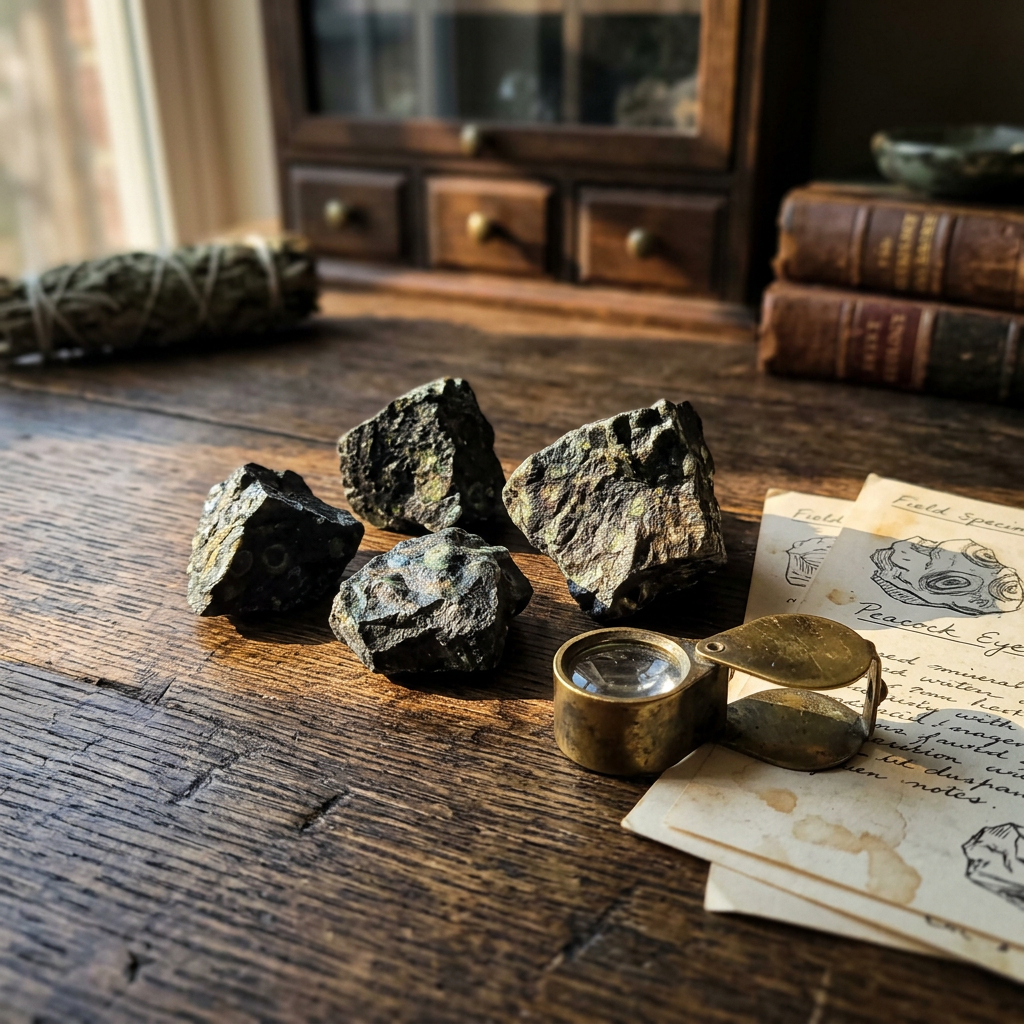 Natural Peacock Eye Raw Stones in mineral study desk setting