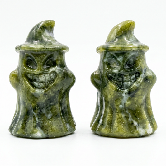 Natural Xiuyan Jade Smiley Ghost Figurine for Halloween and Decor