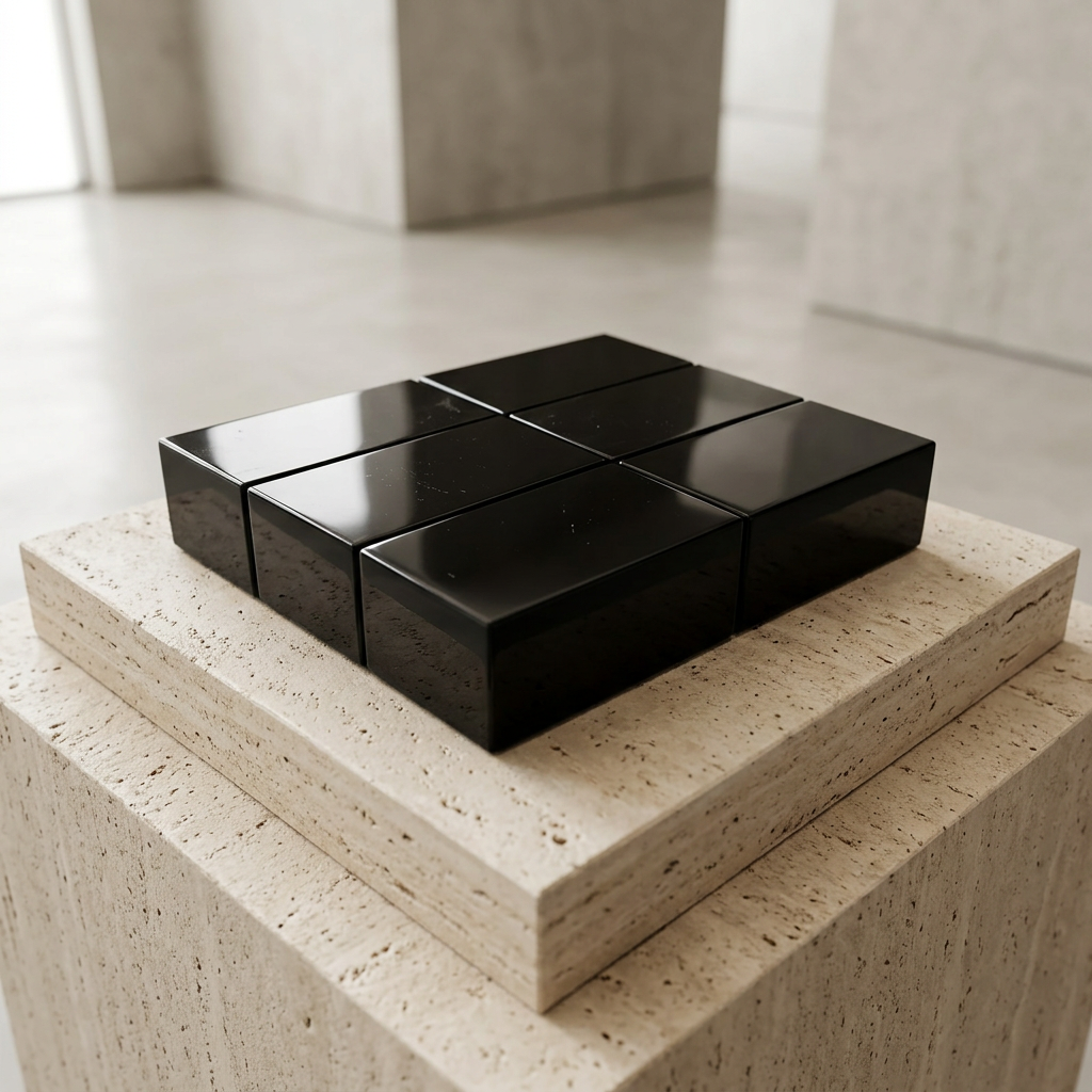 Natural Black Obsidian Rectangle Sculpture on travertine stone pedestal