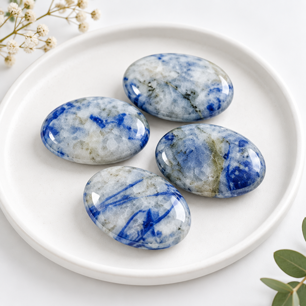 Blue and White Porcelain Jasper Palm Stone on White Ceramic Tray