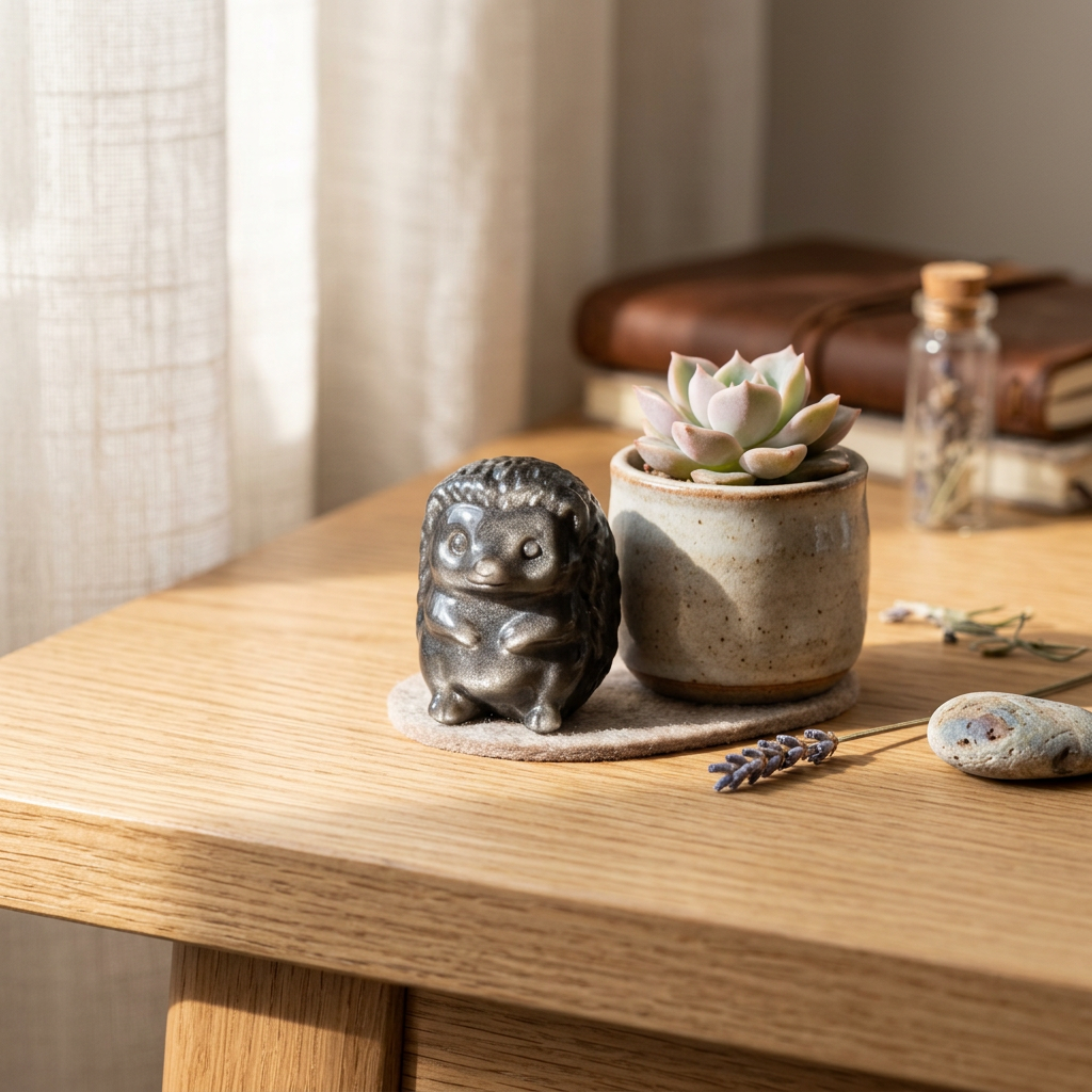 Silver Sheen Obsidian Hedgehog Carving cozy desk lifestyle display