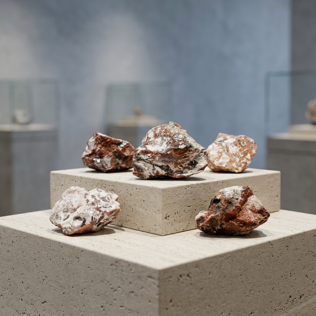 Rough Money Agate Stones on travertine pedestal