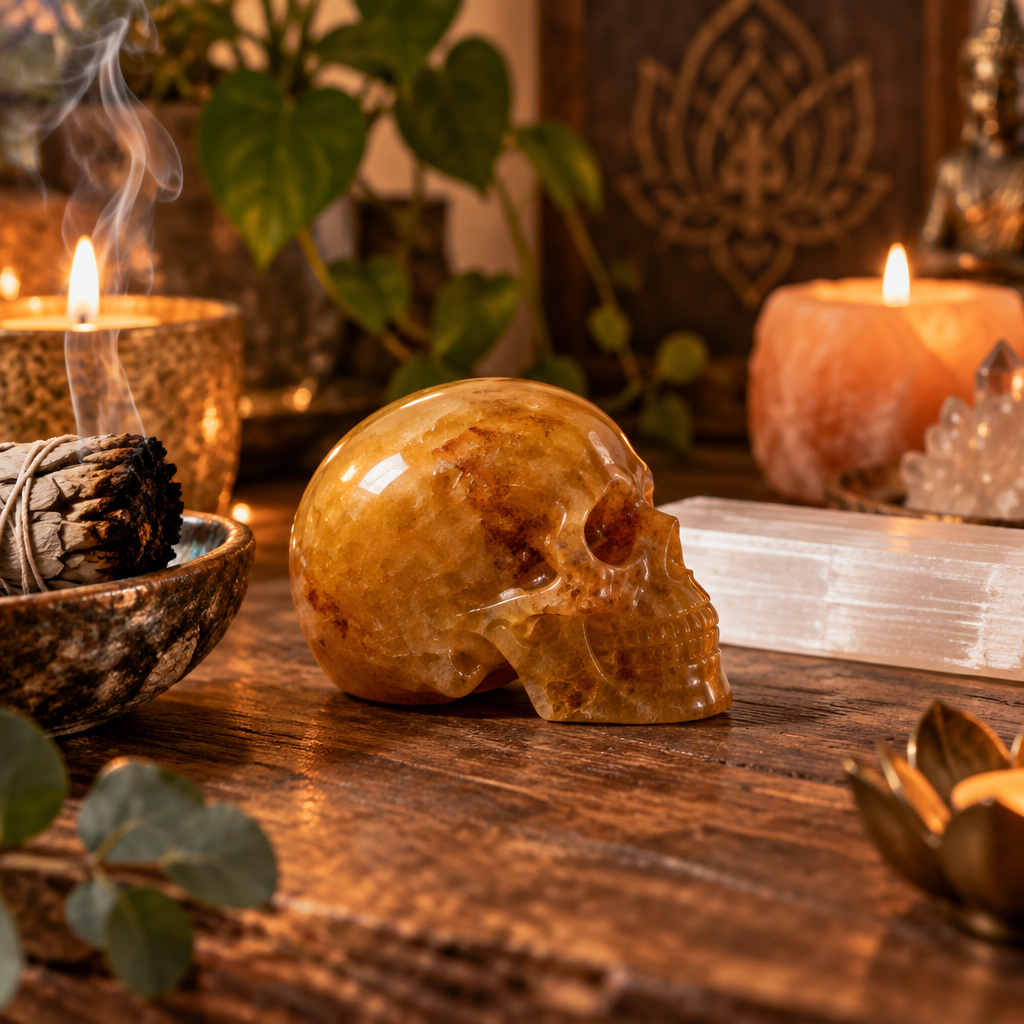 Yellow Hematoid Quartz Skull on Meditation Altar