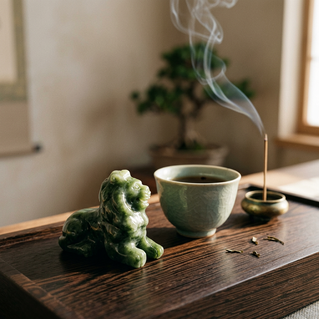 Natural Xiuyan Jade Lion Carving displayed in Zen tea room study setting