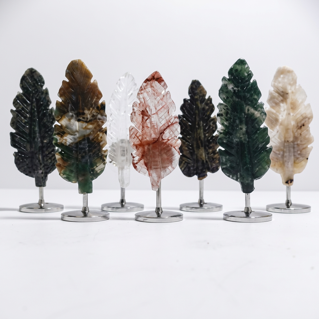 Carved Crystal Feather Ornament with Display Stand for Peace and Decor