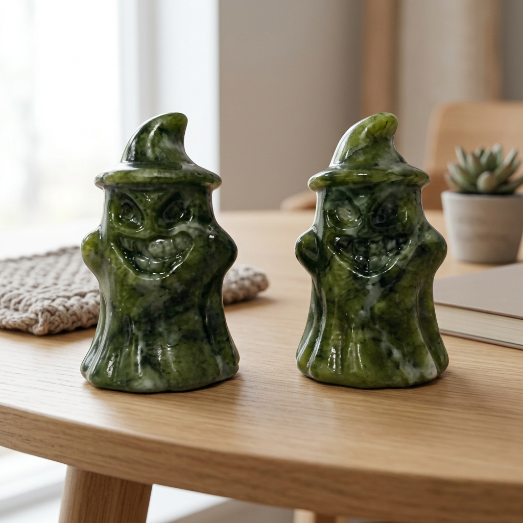 Natural Xiuyan Jade Smiley Ghost Figurine for Halloween and Decor