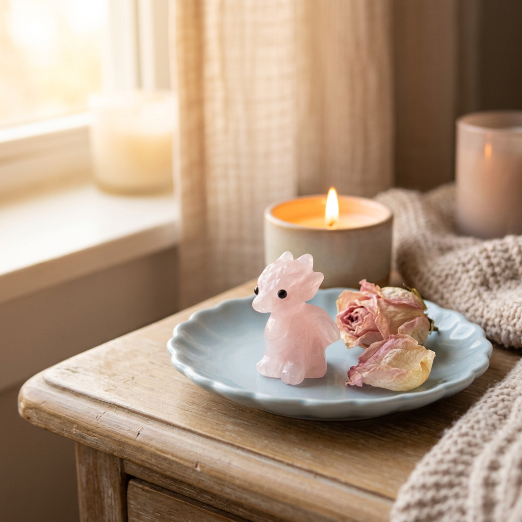 Cute Rose Quartz Baby Dragon Figurine in cozy pastel lifestyle scene