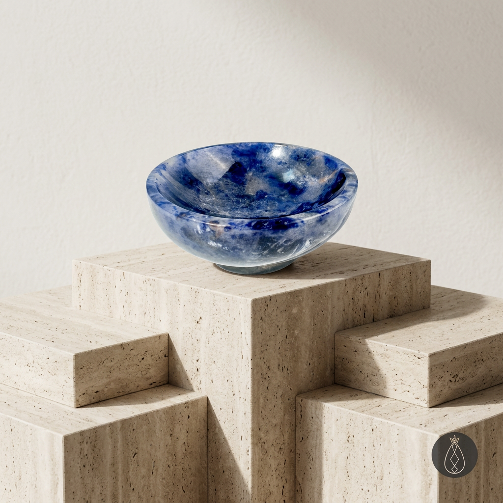 Natural Blue Sodalite Carved Bowl - Travertine Pedestal Display