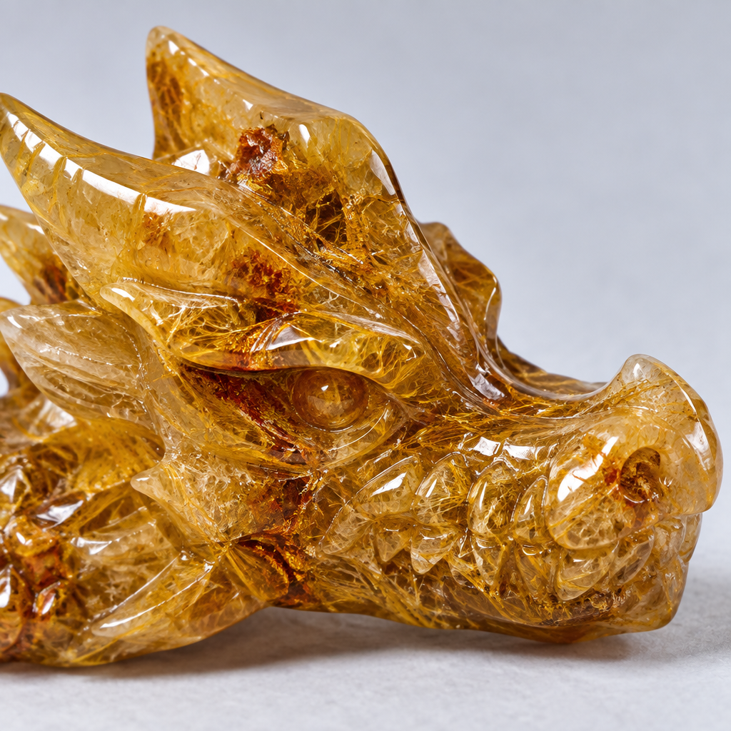 Yellow Hematoid Quartz Dragon Horn and Carving Detail