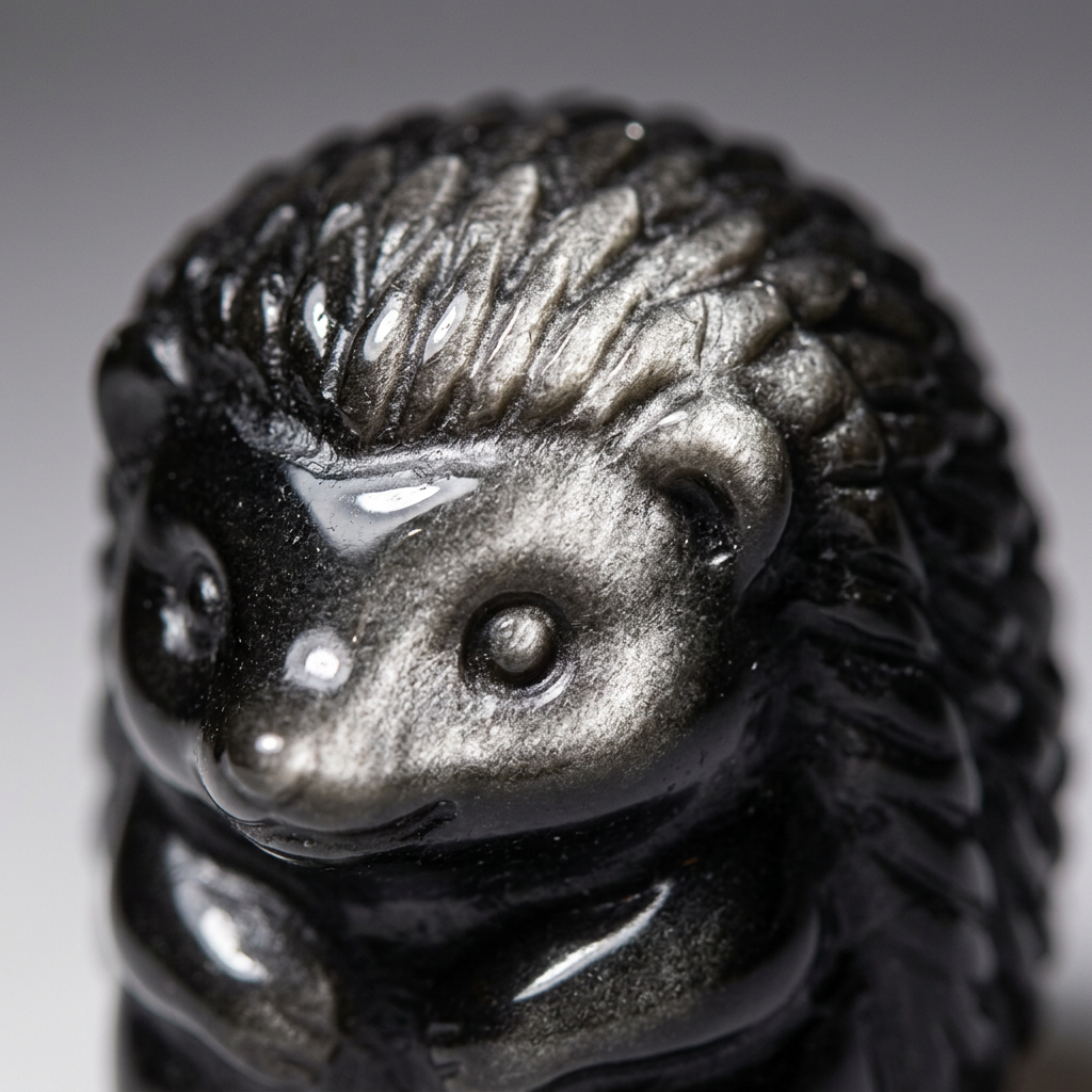 Macro close-up detail of carved Silver Sheen Obsidian hedgehog spines and metallic sheen