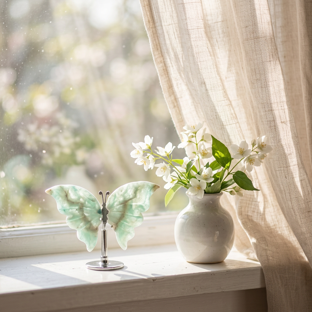Natural Hemimorphite Butterfly Ornament on sunlit windowsill