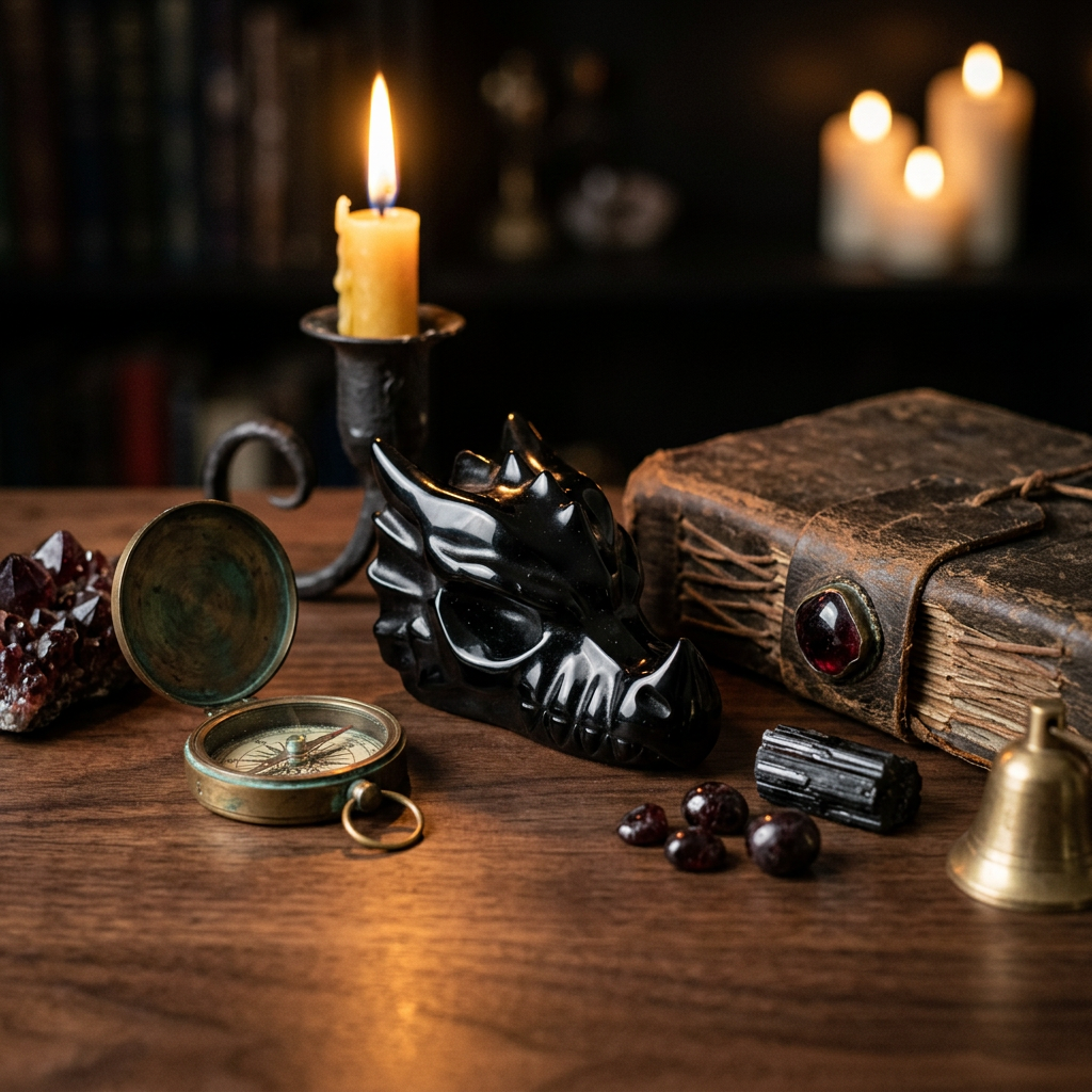 Natural Black Obsidian Dragon Head Carving in moody gothic desk setting