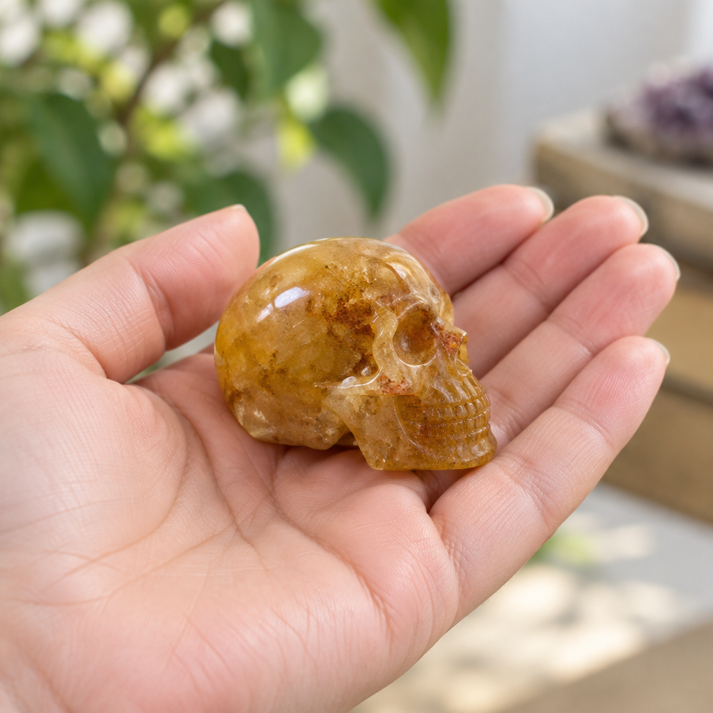 Hand-held 2-inch Yellow Quartz Skull
