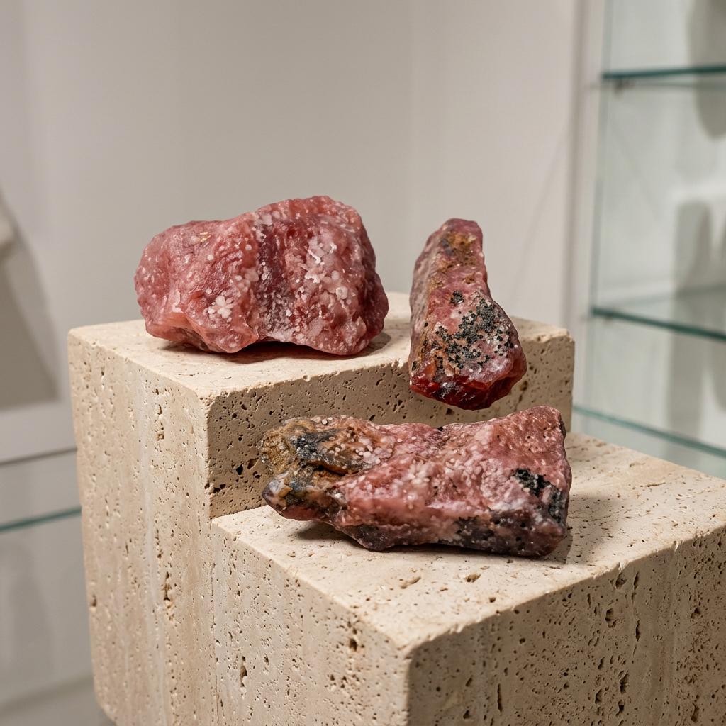 Rough Sakura Agate Stones on travertine pedestal