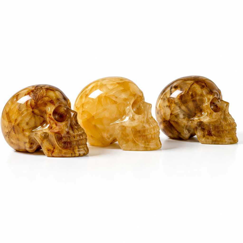 Hand-carved natural yellow hematoid quartz crystal skull