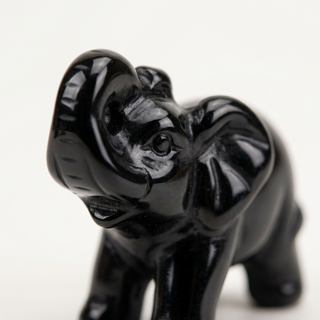 Silver Obsidian Precision Carved Elephant Figurine for Protection