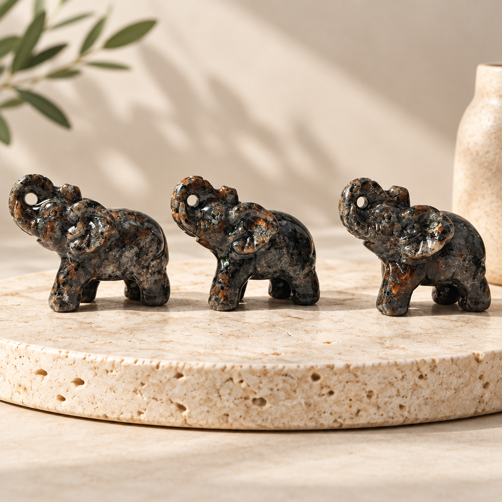 Natural Yooperlite Carved Elephant Figurine on Travertine