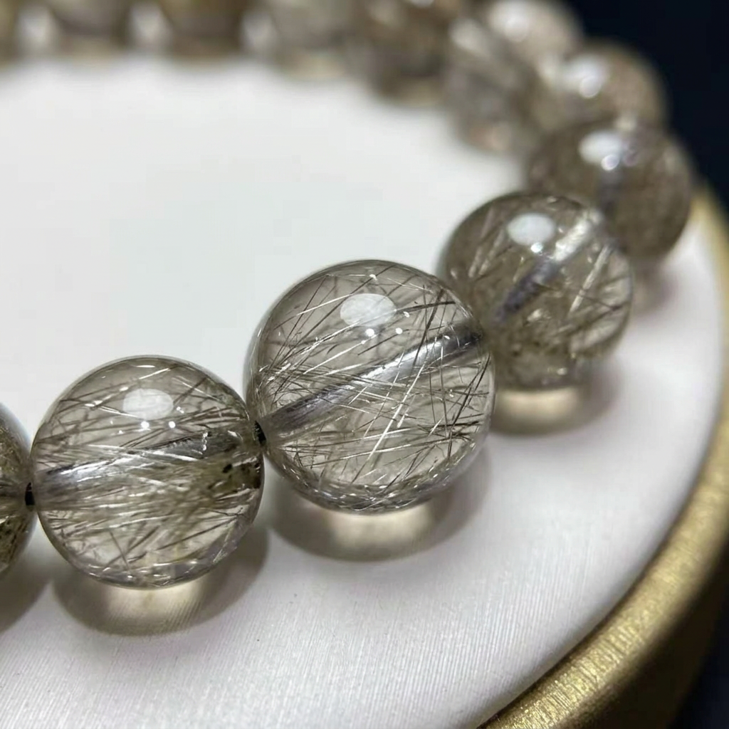 Natural Silver Rutilated Quartz Multi-Wrap Bracelet 6mm Macro Texture