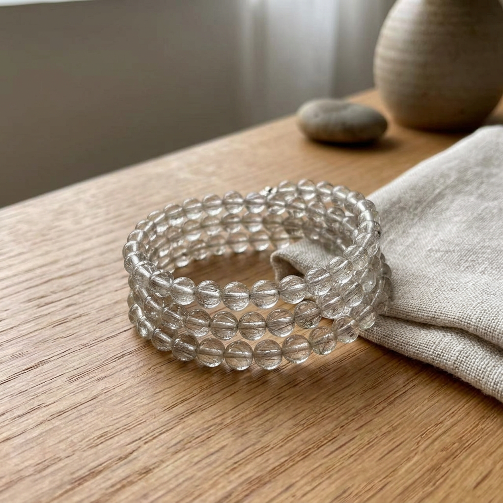 Natural Silver Rutilated Quartz Multi-Wrap Bracelet 6mm Tabletop Lifestyle