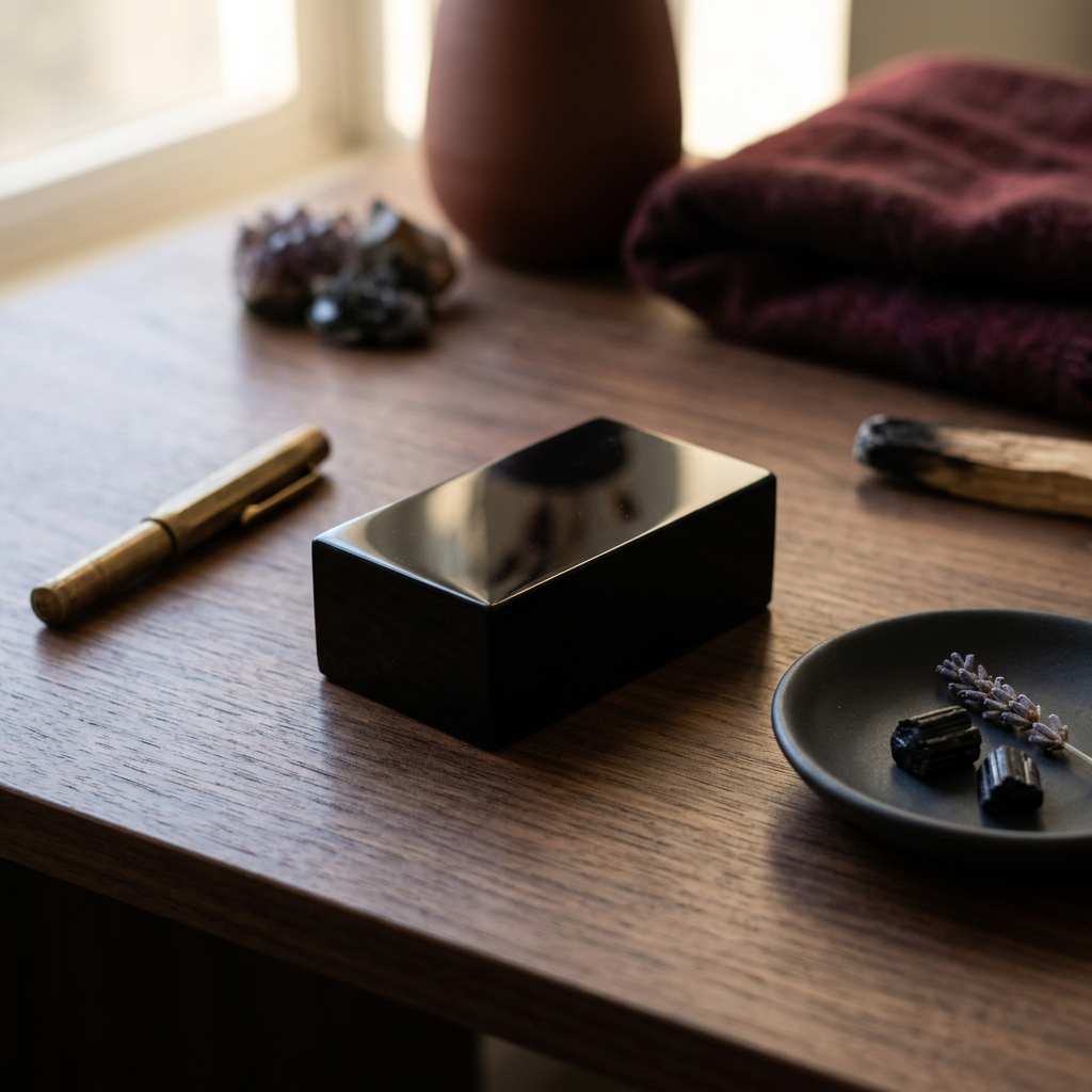 Natural Black Obsidian Rectangle Crystal Carving in minimalist desk setting