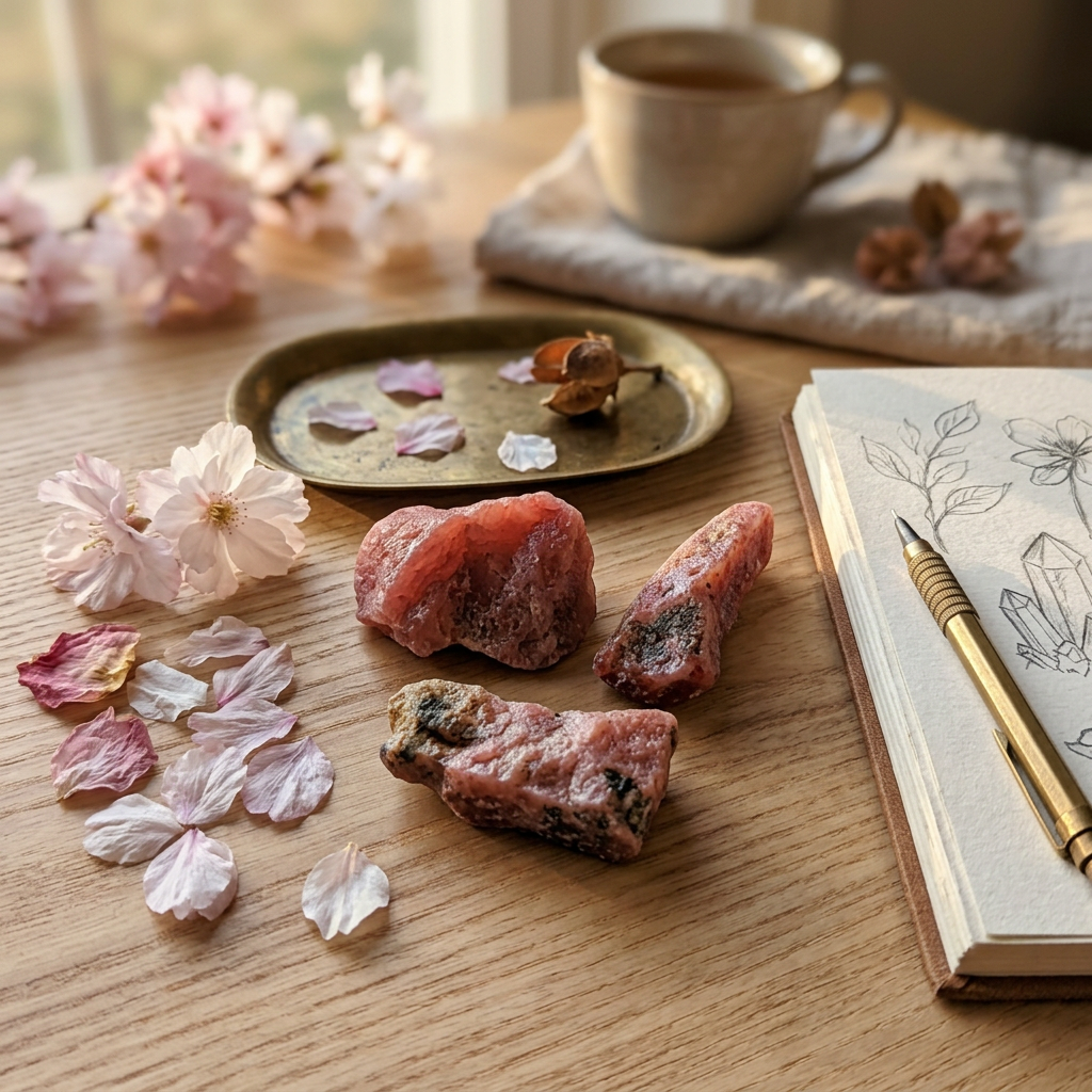 Natural Sakura Agate Raw Stones on botanical aesthetic study table