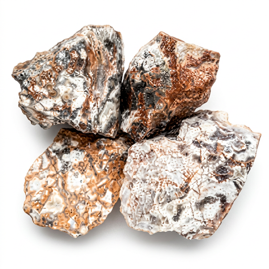 Natural Money Agate Raw Stone Chunks on pure white background