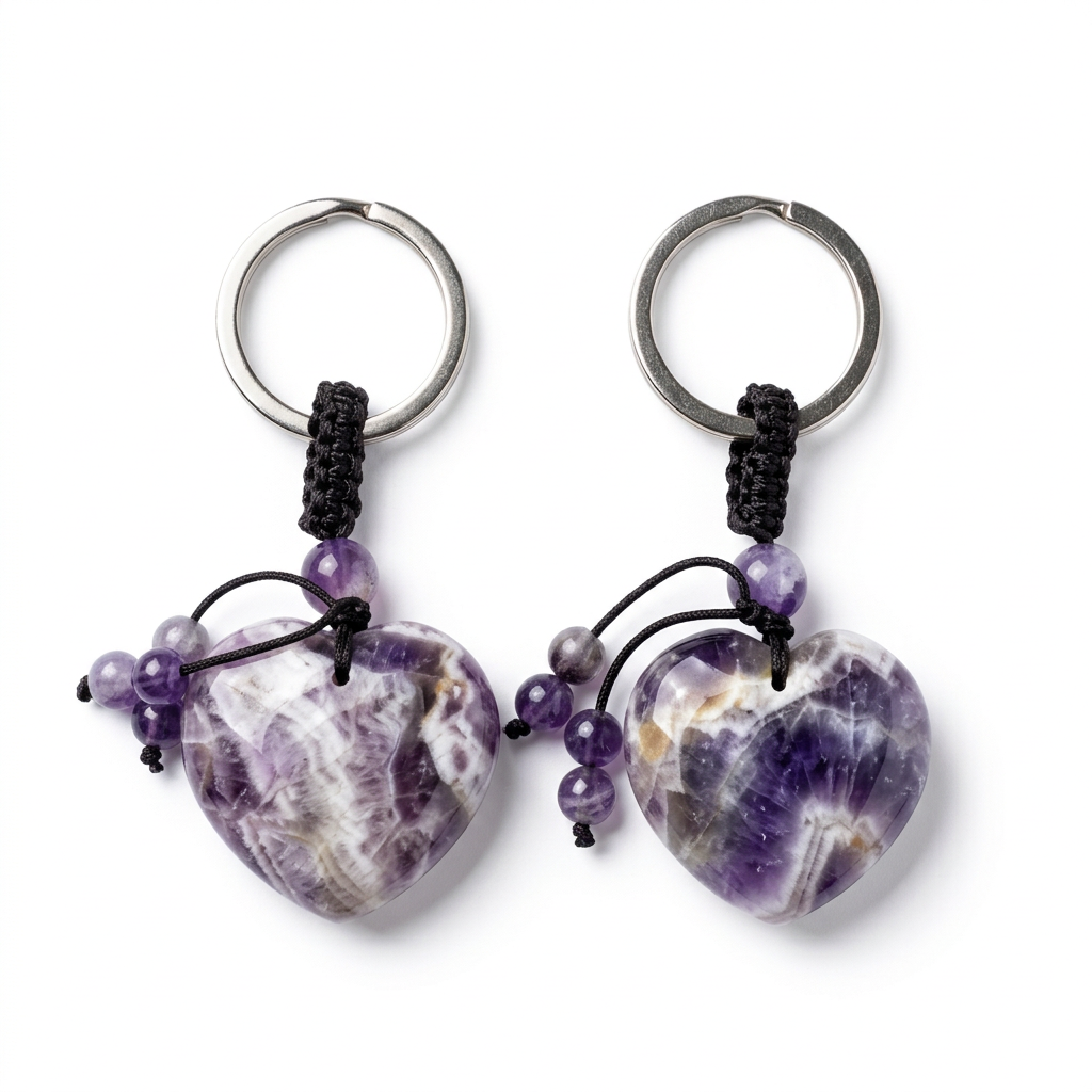 Two Dream Amethyst Heart Keychains on pure white background