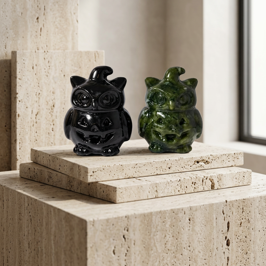 Machine-Carved Skull Owl Figurine - Travertine Pedestal Display
