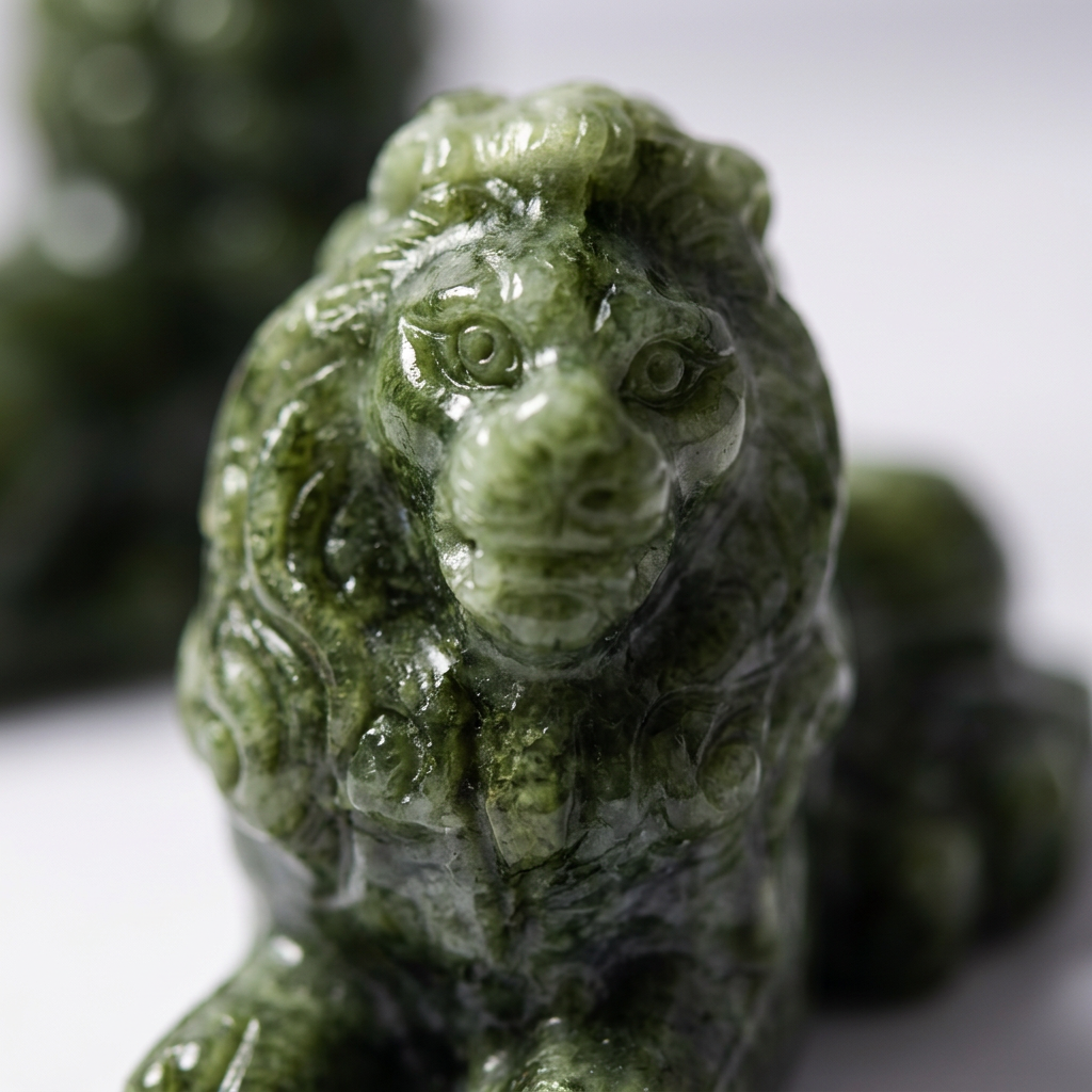 Close-up detail of carved Xiuyan jade guardian lion figurine