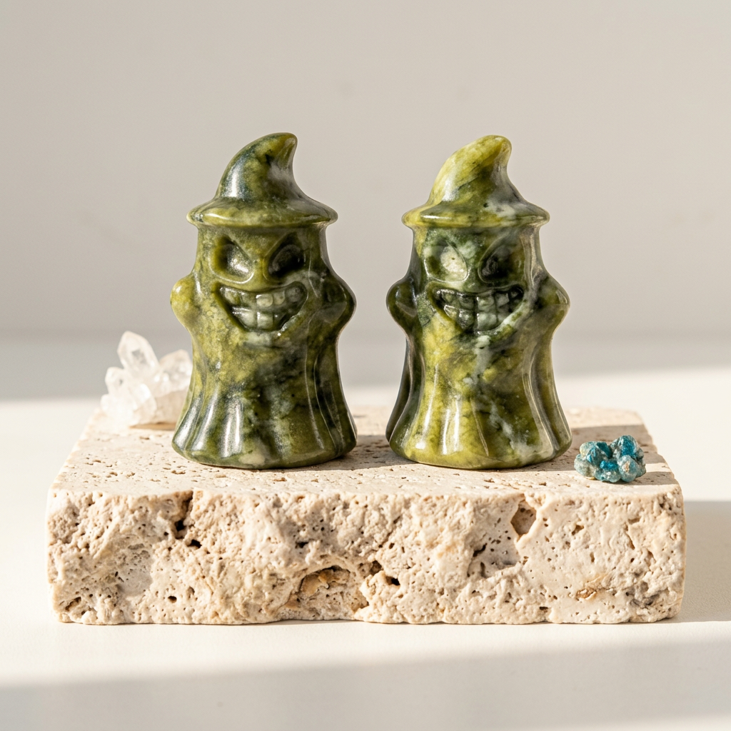 Natural Xiuyan Jade Smiley Ghost Figurine for Halloween and Decor