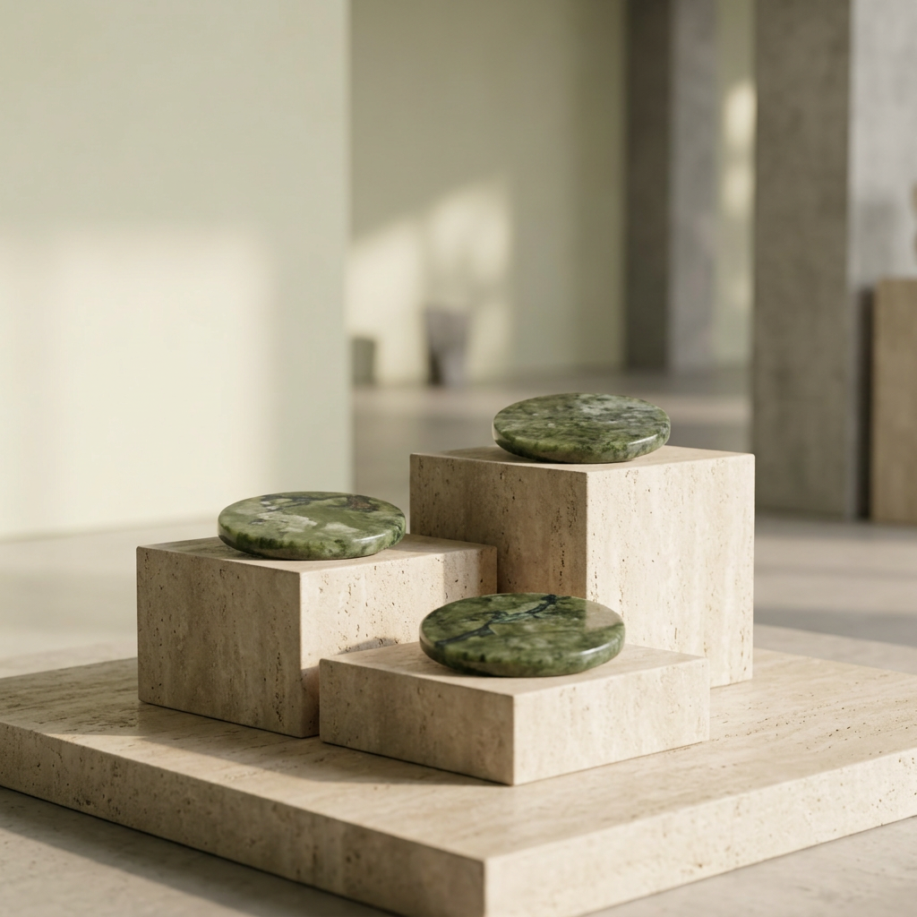 Natural Xiuyan Jade Disc Carving - Travertine Pedestal Display