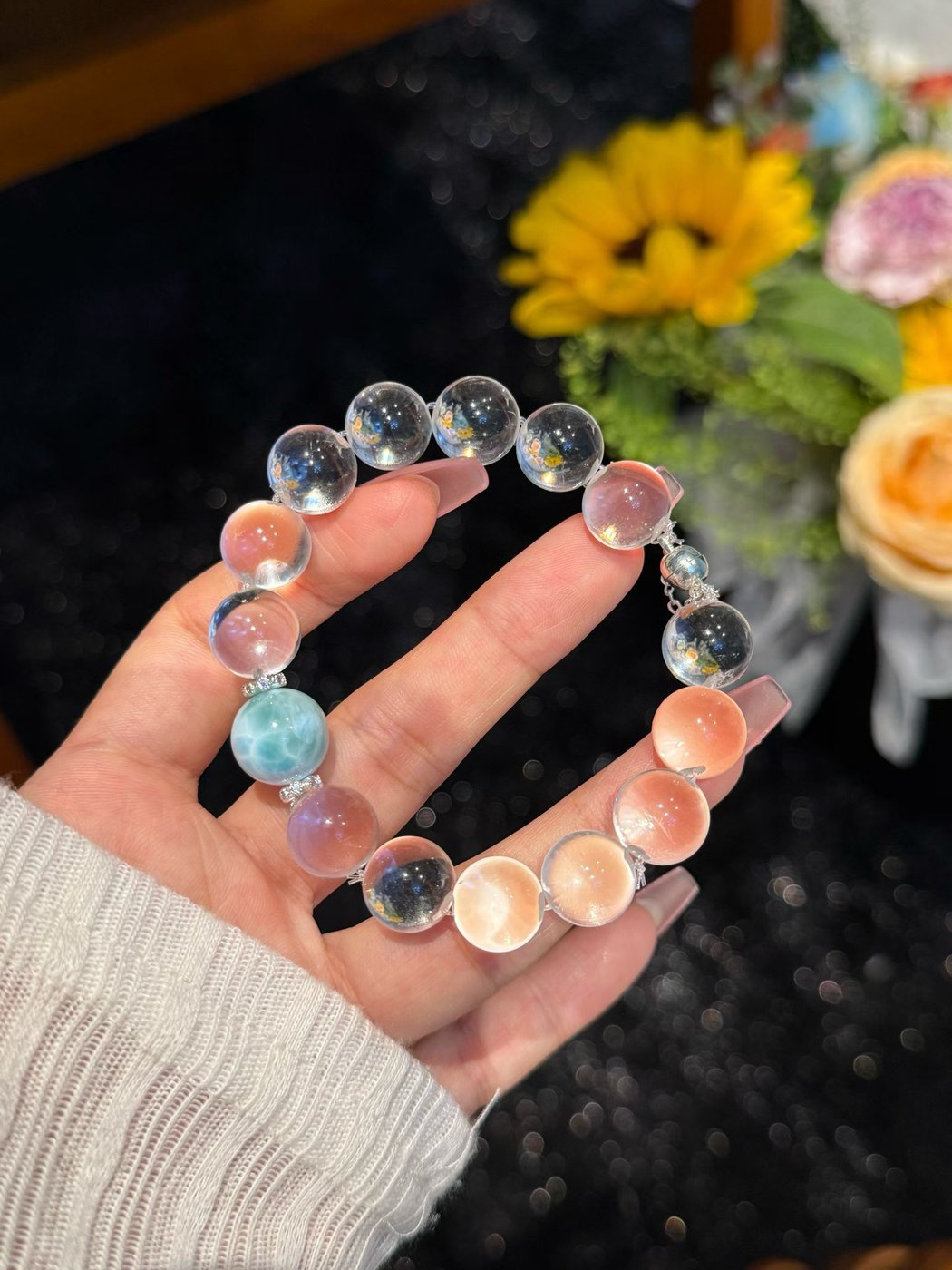 Crystal Bubble Chain Bracelet - Multi Stone Options - Clear Quartz with Larimar